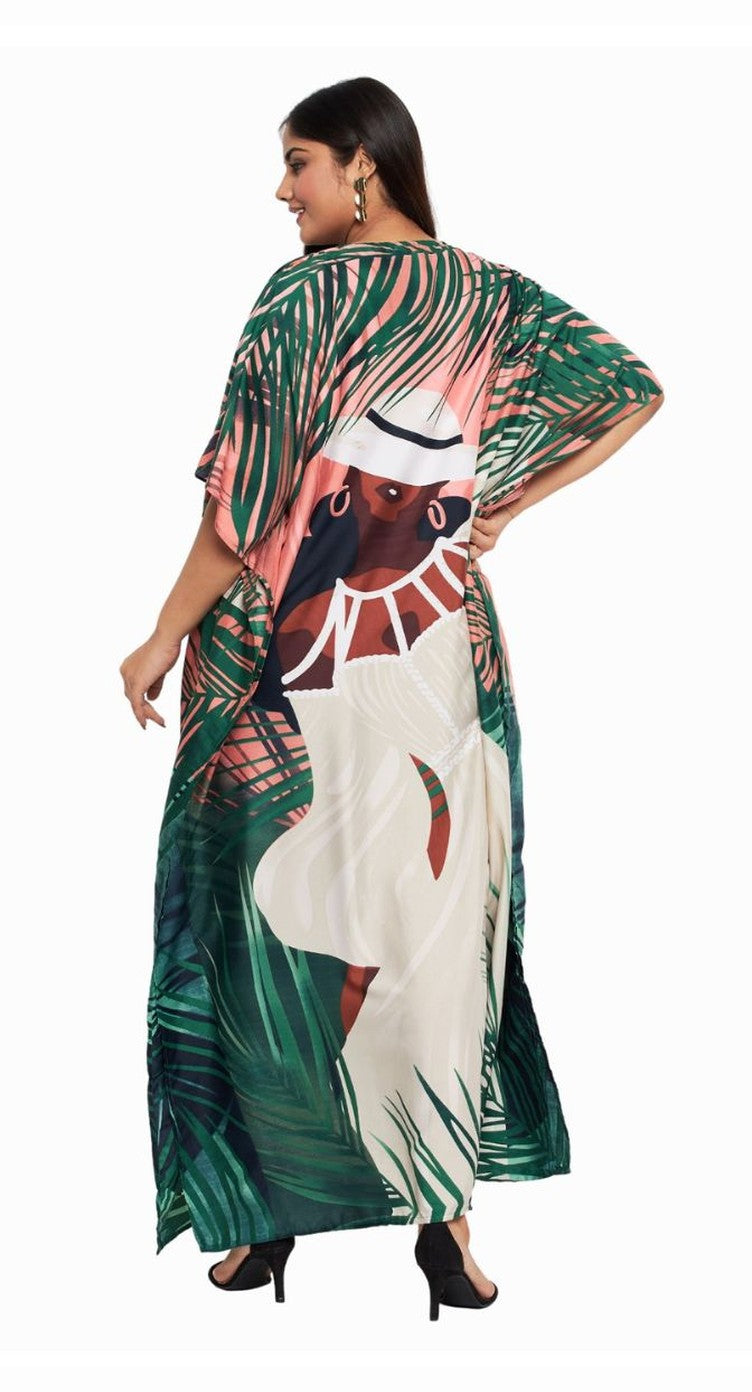 Coral and green tropical palm print plus size kaftan with woman figure motif — alternate view