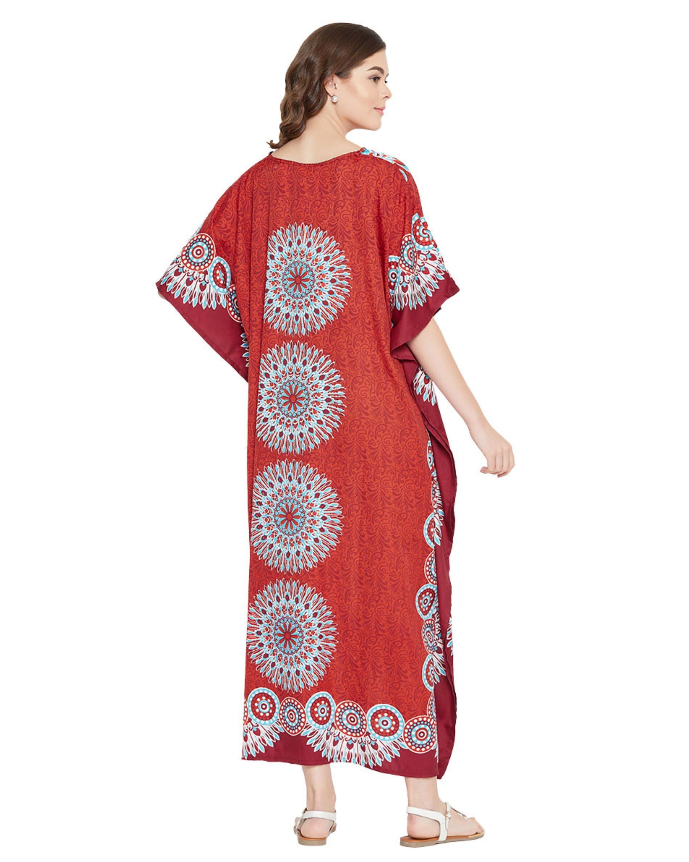 Floral Printed Red Polyester Plus Size Kaftan Dress For Women