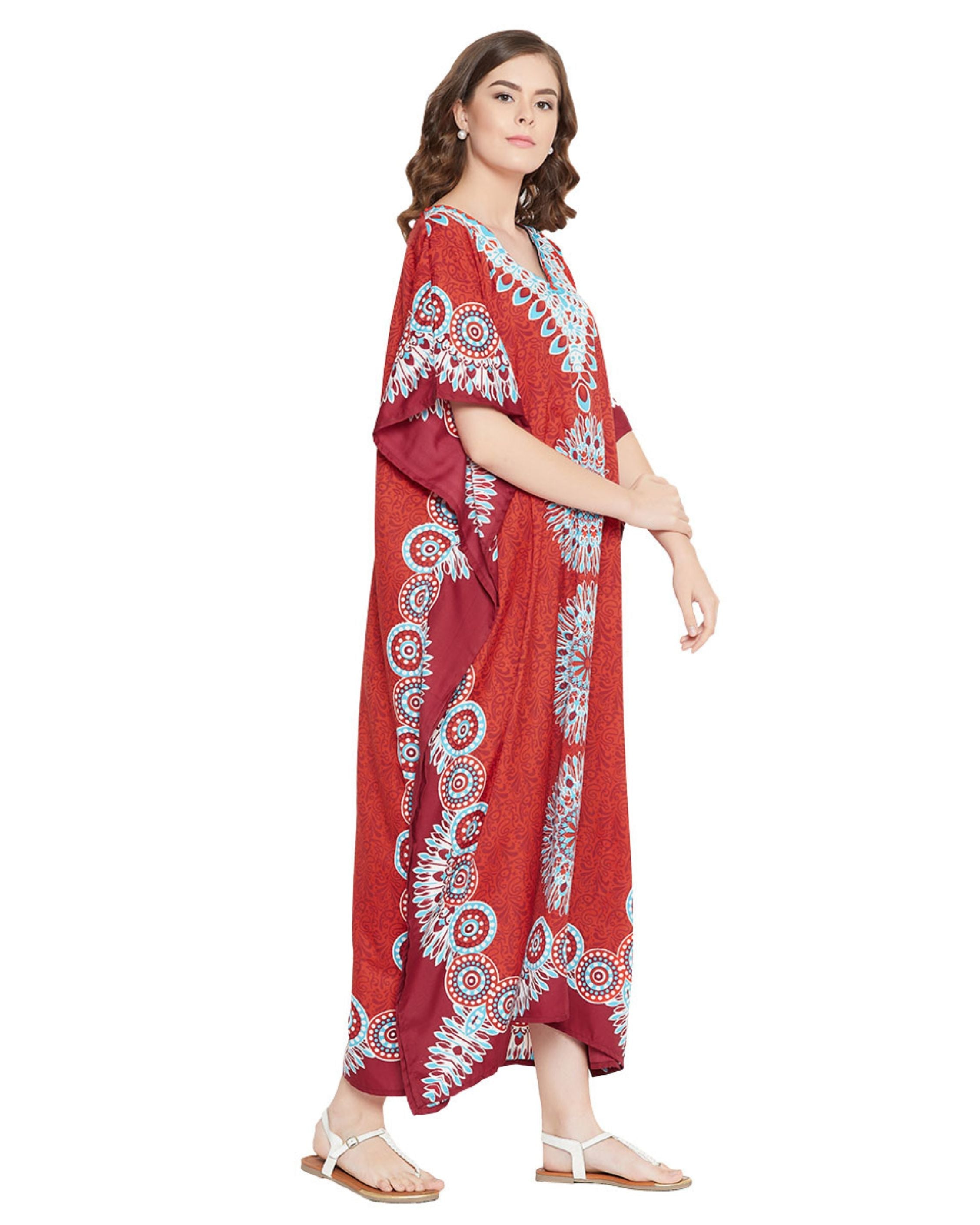 Floral Printed Red Polyester Plus Size Kaftan Dress For Women