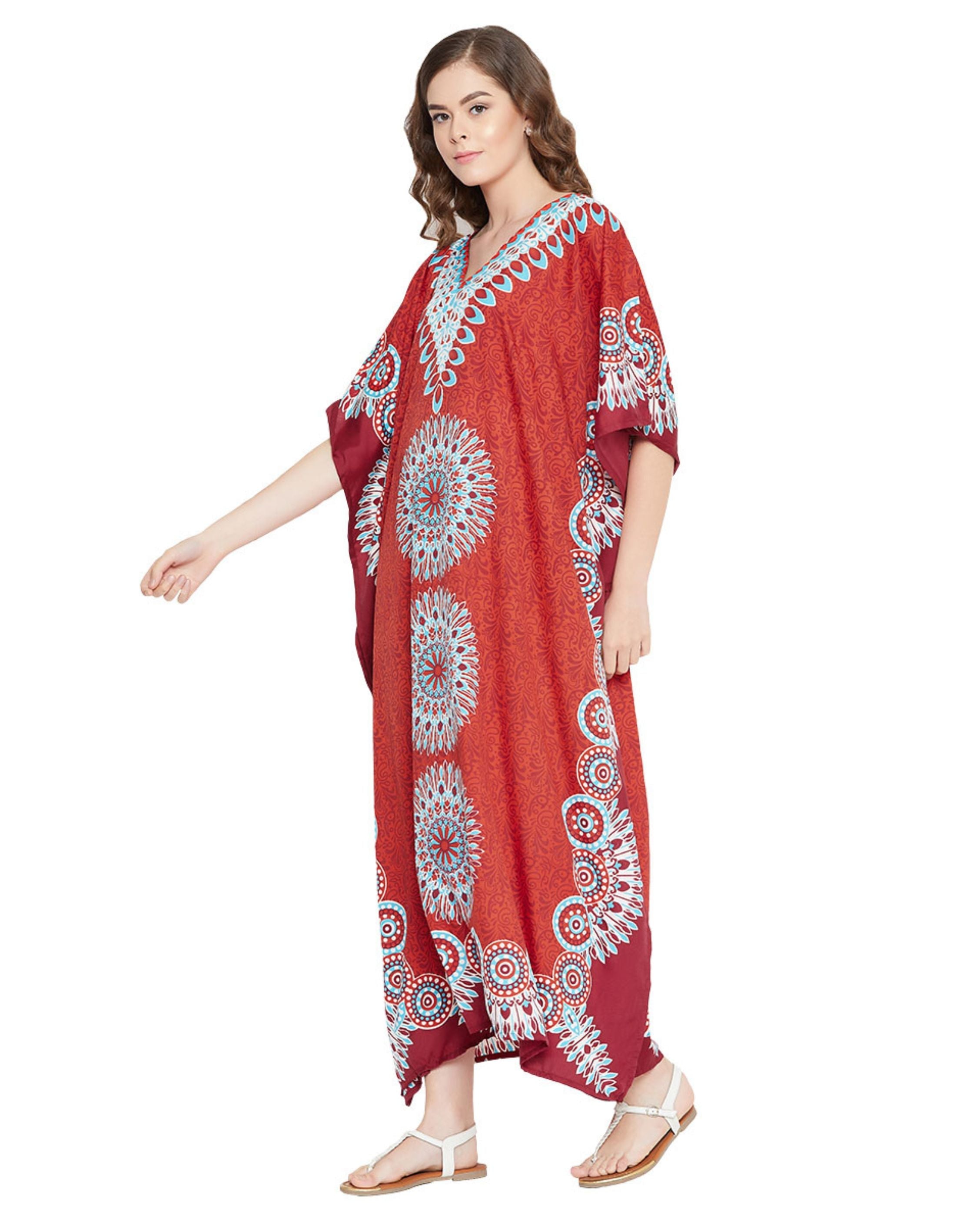 Floral Printed Red Polyester Plus Size Kaftan Dress For Women