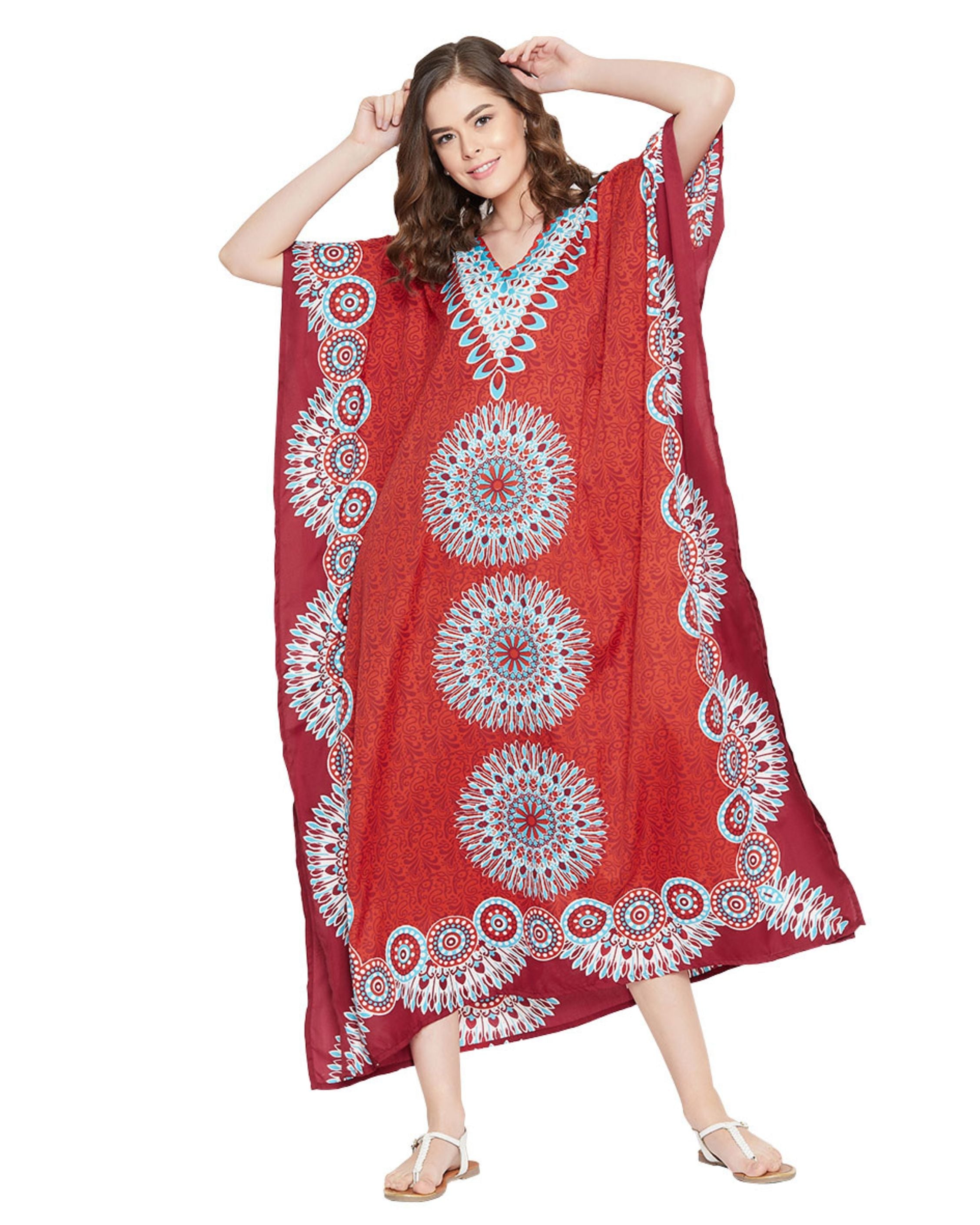 Floral Printed Red Polyester Plus Size Kaftan Dress For Women