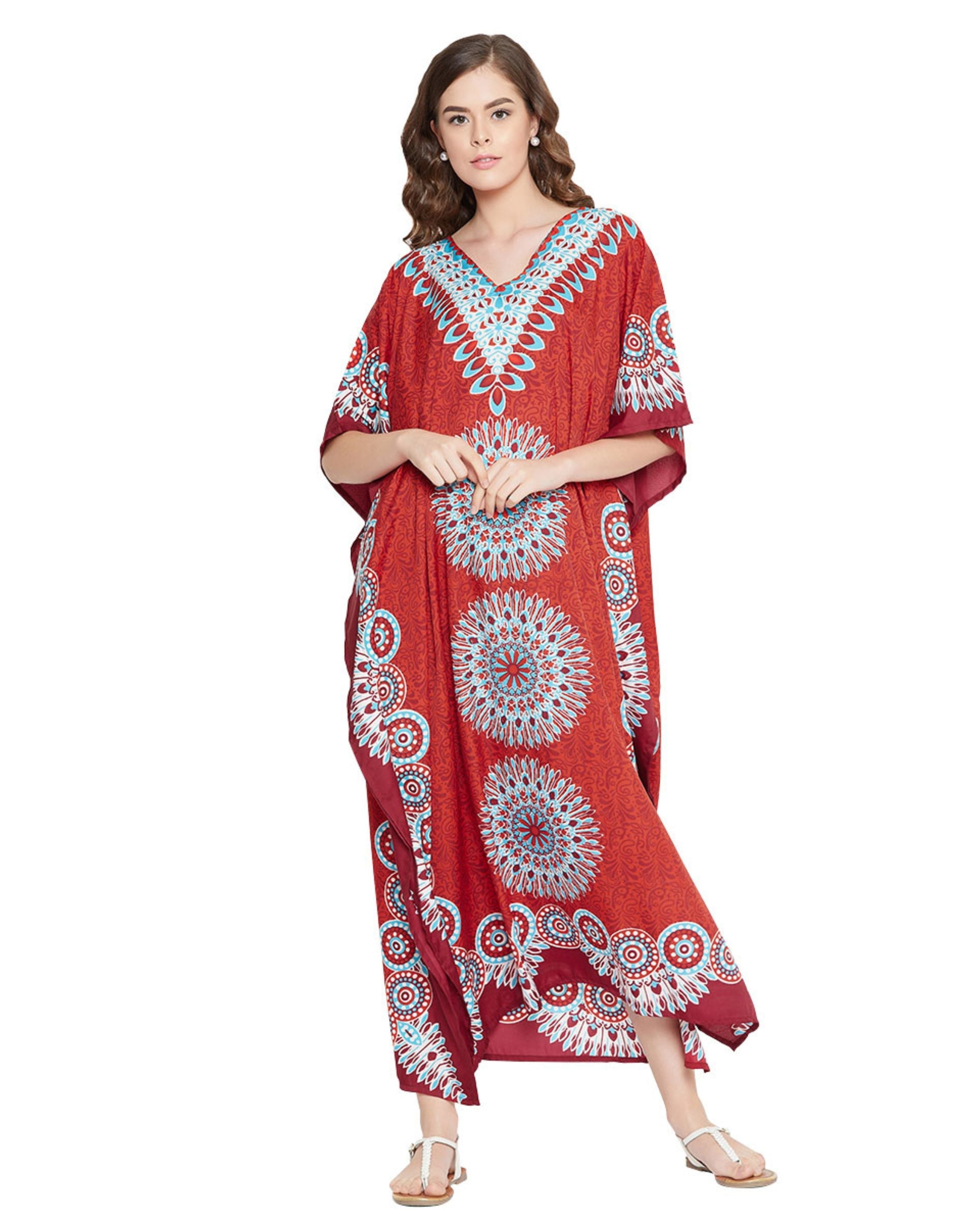 Floral Printed Red Polyester Plus Size Kaftan Dress For Women