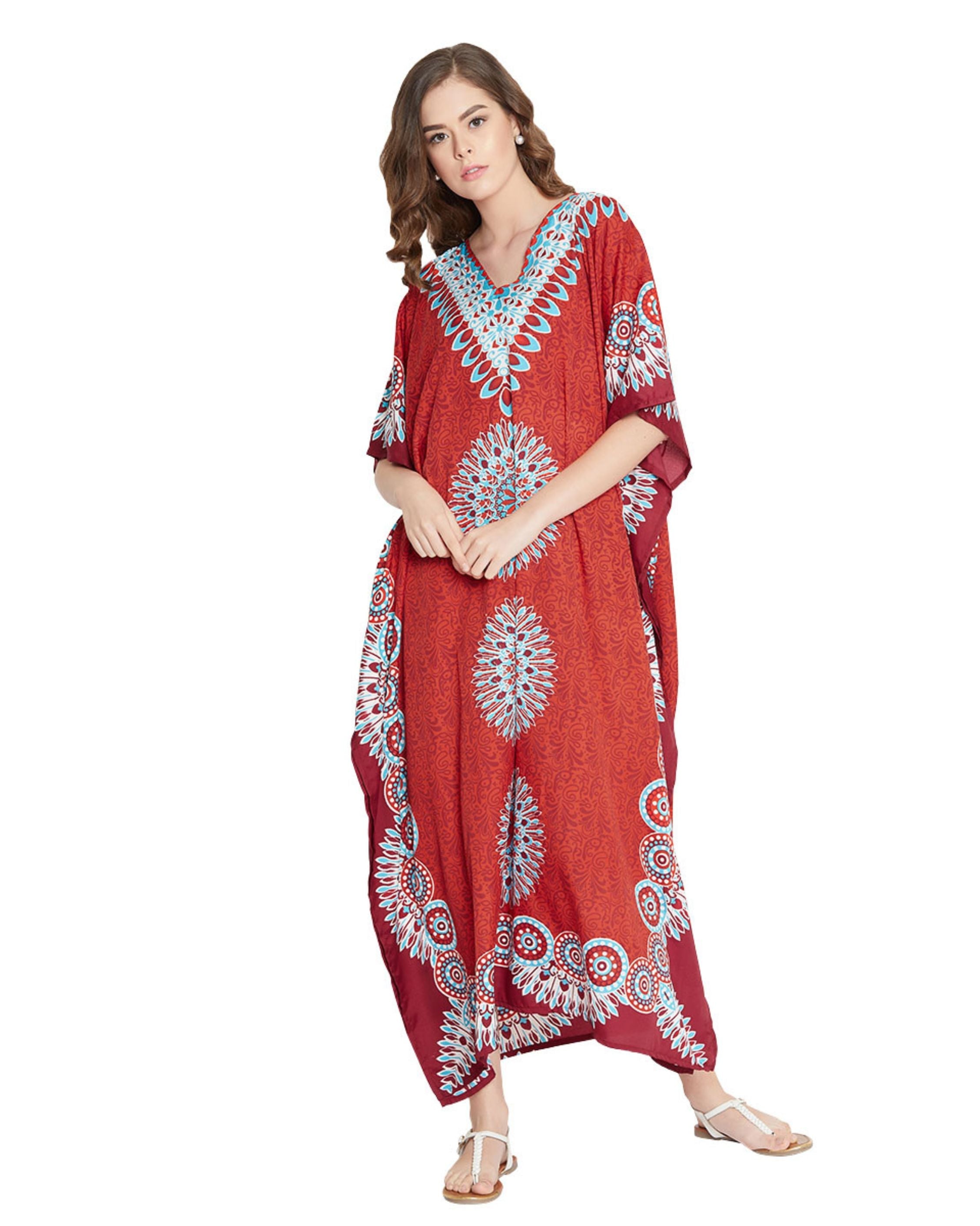 Floral Printed Red Polyester Plus Size Kaftan Dress For Women