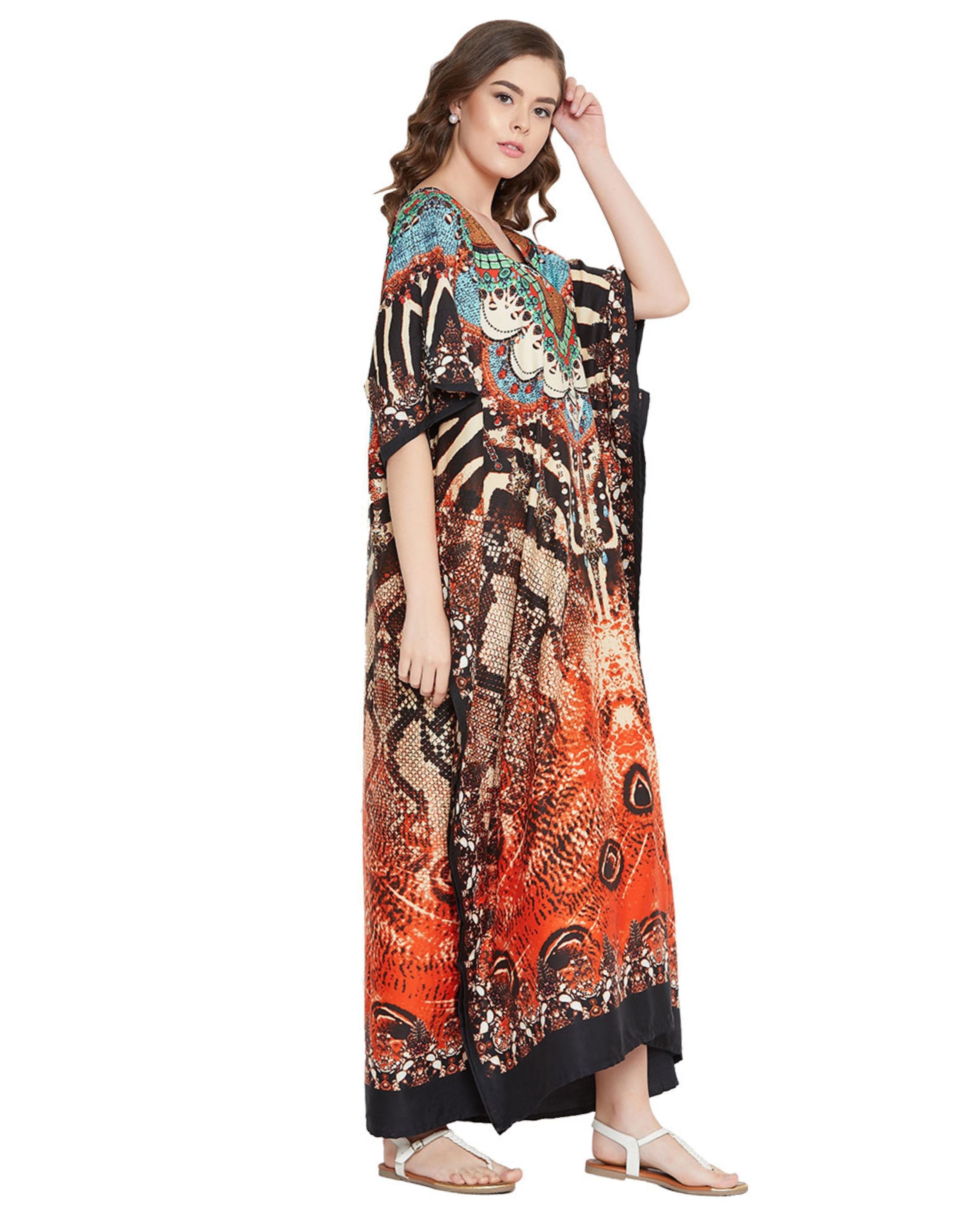 Tribal Printed Multicolor Polyester Kaftan Dress for Women