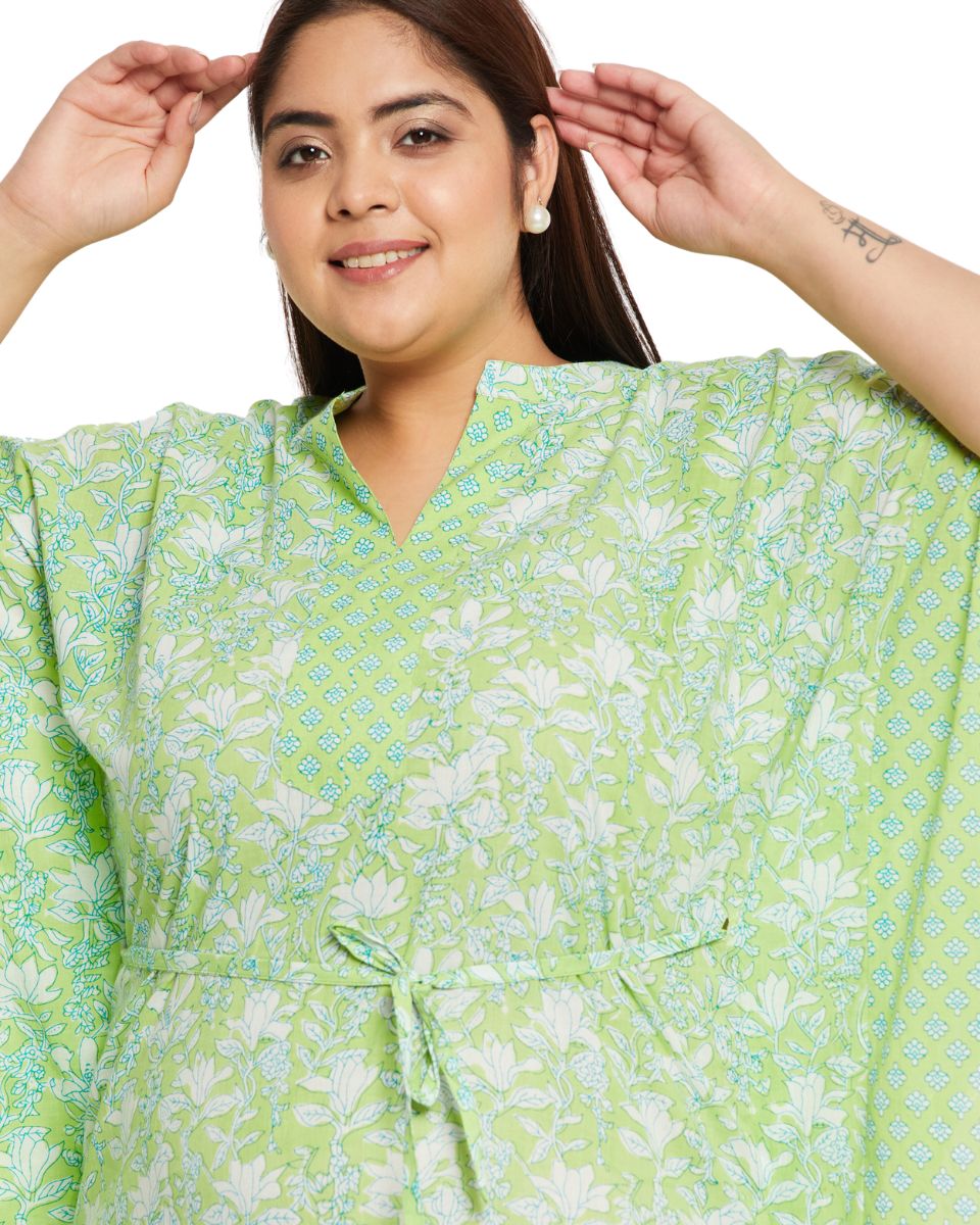 Floral Printed NEON GREEN Cotton Drawstring Kaftan Dress for Women