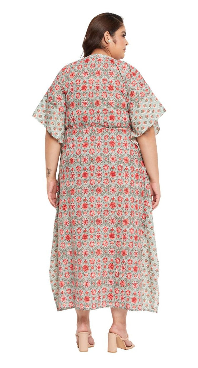 Pista green ditsy floral print cotton plus size kaftan dress with 3/4 sleeves — alternate view