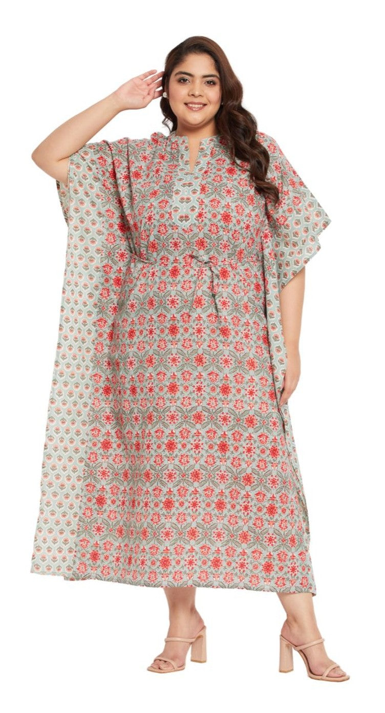 Pista green ditsy floral print cotton plus size kaftan dress with 3/4 sleeves