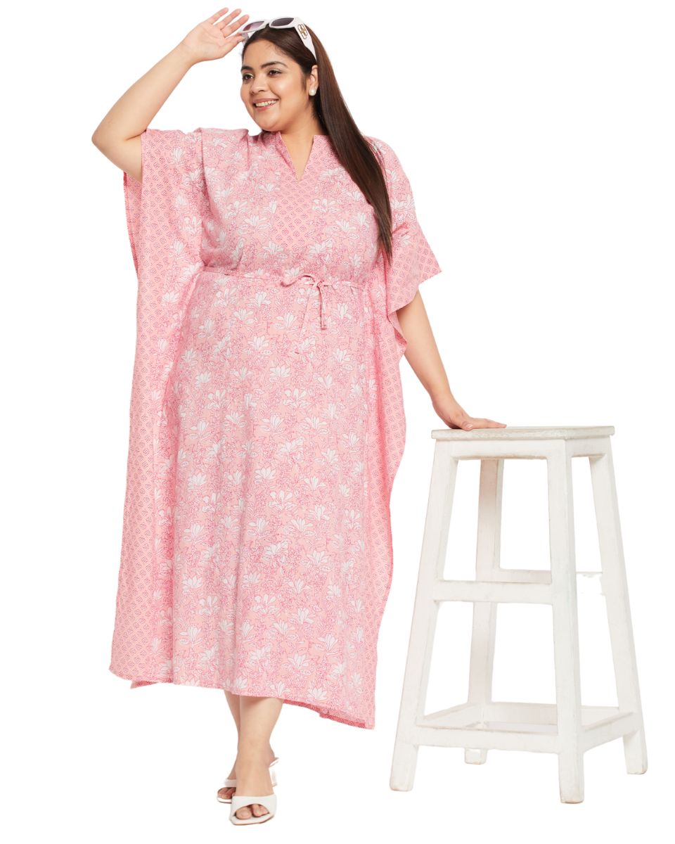 Floral Printed Pink Cotton Drawstring Kaftan Plus Size Dress For Women