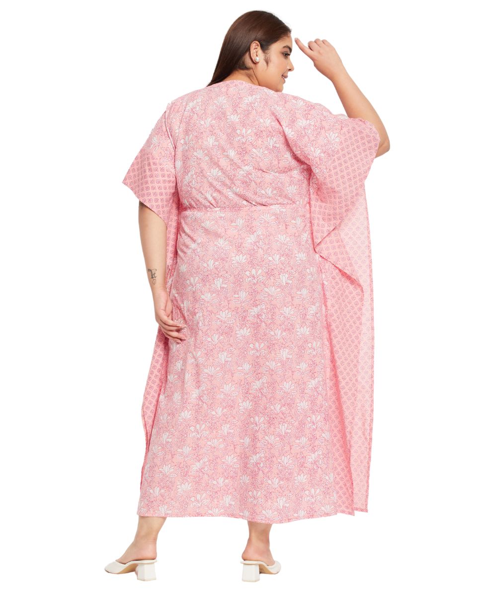 Floral Printed Pink Cotton Drawstring Kaftan Plus Size Dress For Women