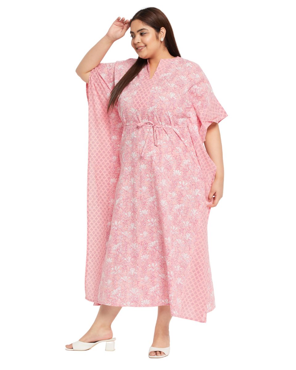 Floral Printed Pink Cotton Drawstring Kaftan Plus Size Dress For Women