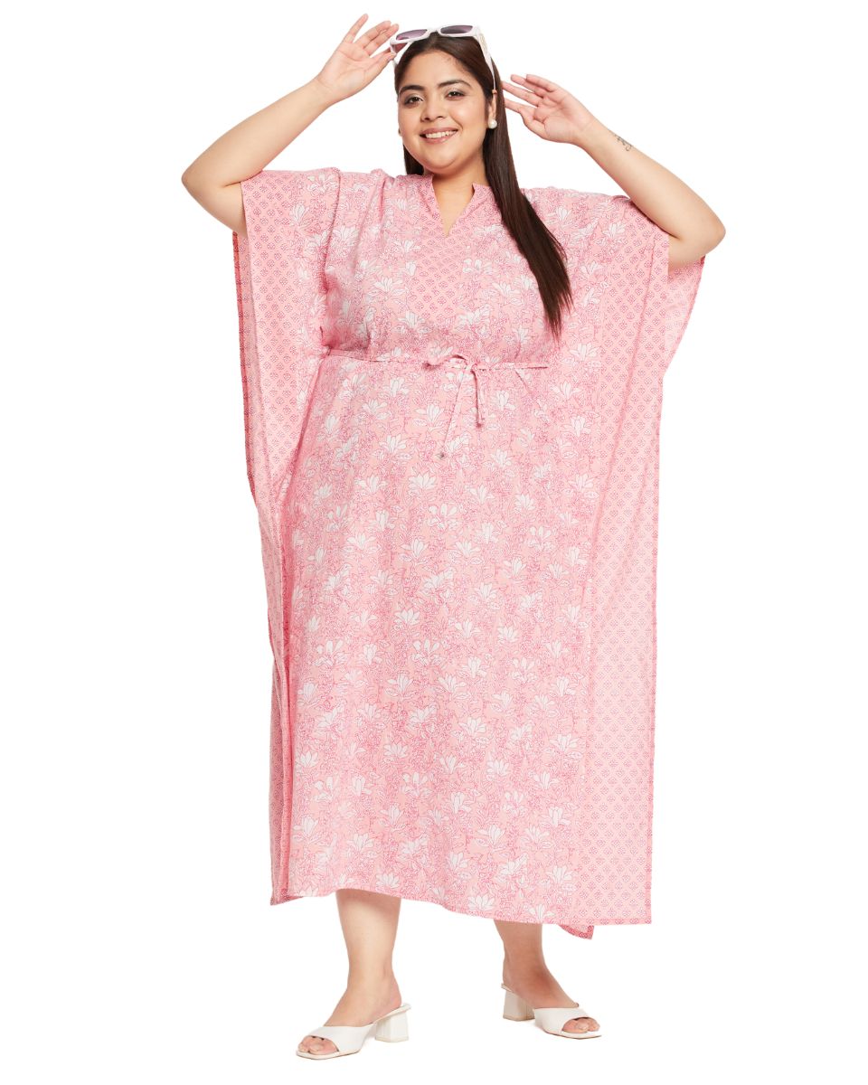 Floral Printed Pink Cotton Drawstring Kaftan Plus Size Dress For Women