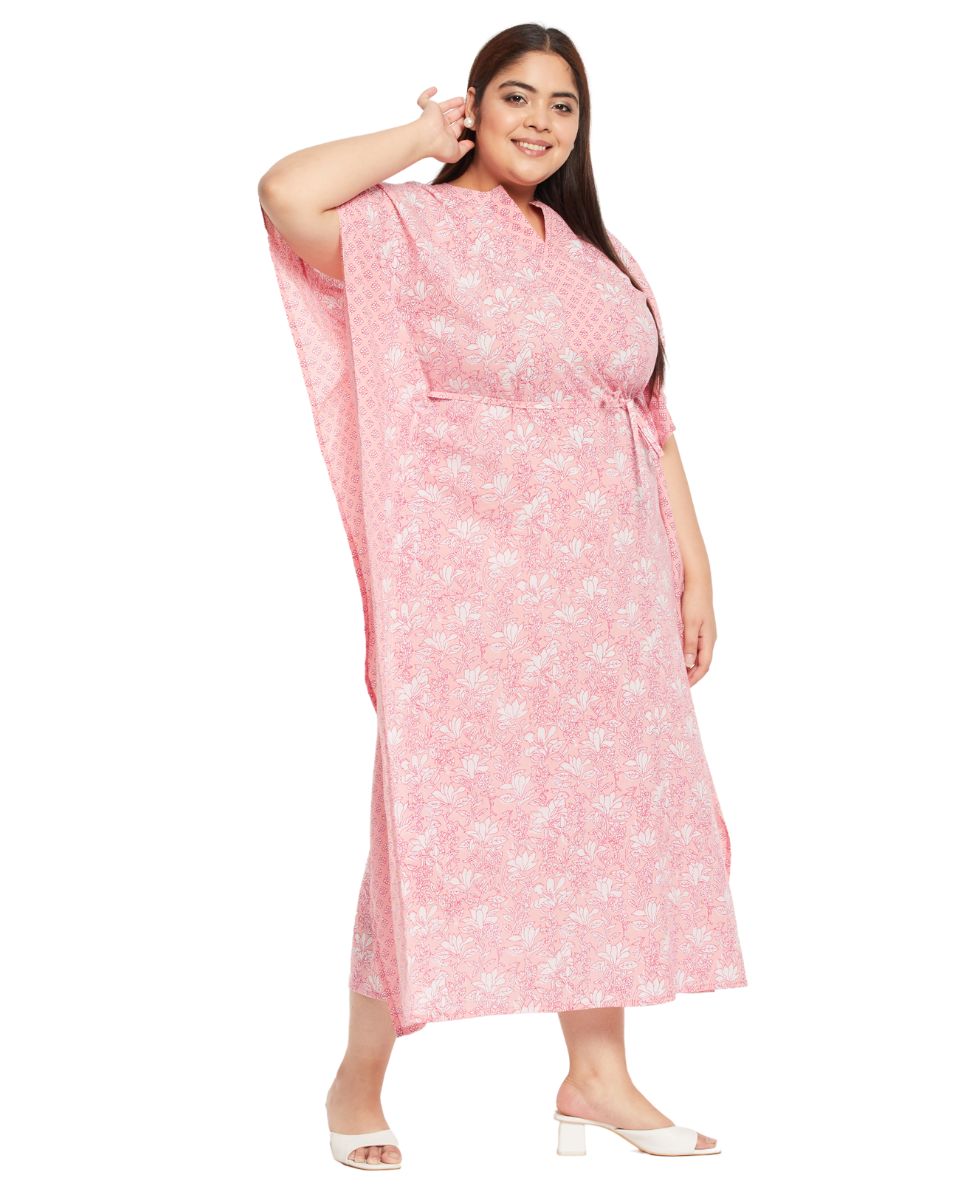 Floral Printed Pink Cotton Drawstring Kaftan Plus Size Dress For Women