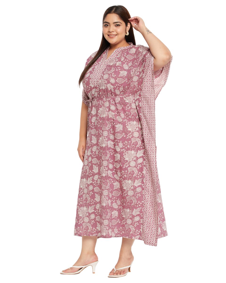 Floral Printed RUST Cotton Drawstring Kaftan Dress for Women