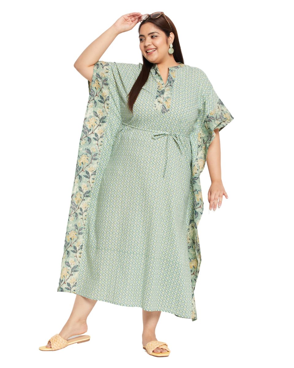 Floral Printed Moss Green Cotton Drawstring Kaftan For Plus Size Women