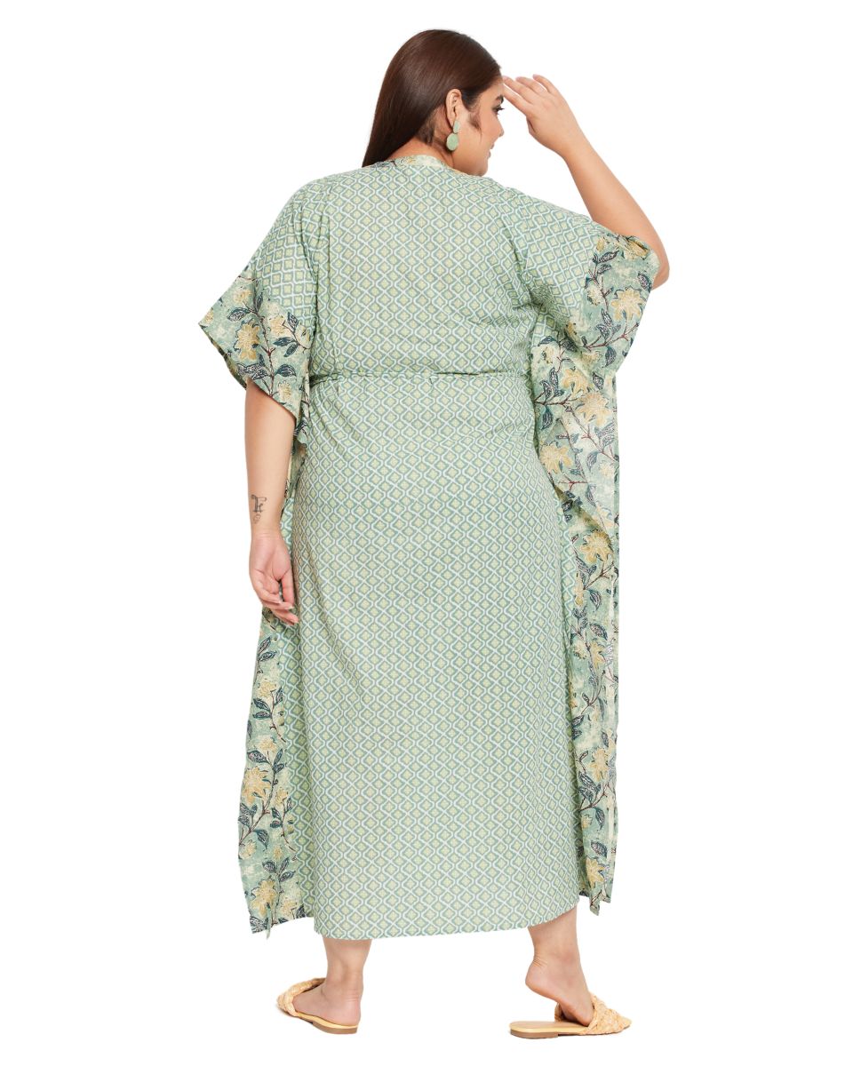 Floral Printed Moss Green Cotton Drawstring Kaftan For Plus Size Women