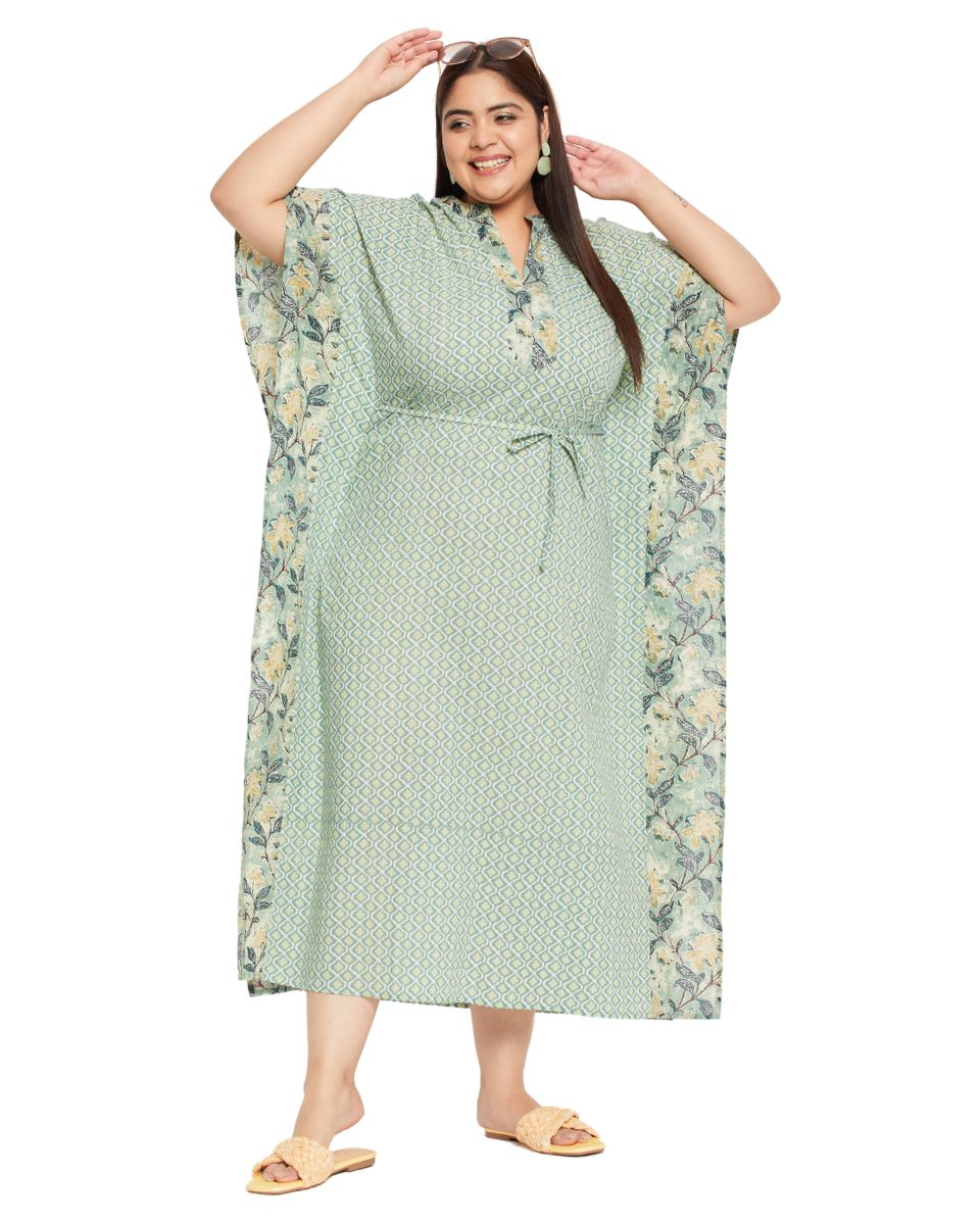 Floral Printed Moss Green Cotton Drawstring Kaftan For Plus Size Women