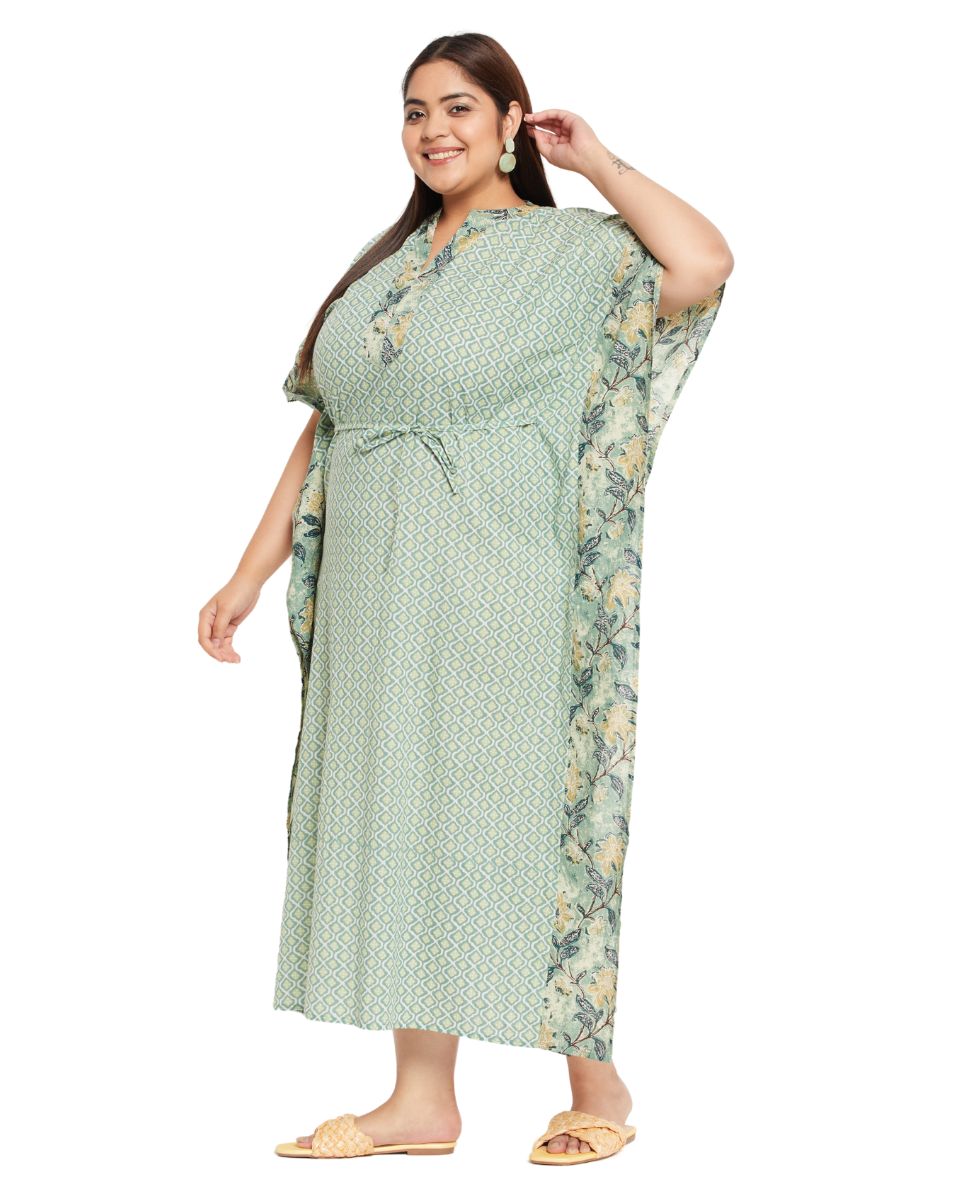 Floral Printed Moss Green Cotton Drawstring Kaftan For Plus Size Women