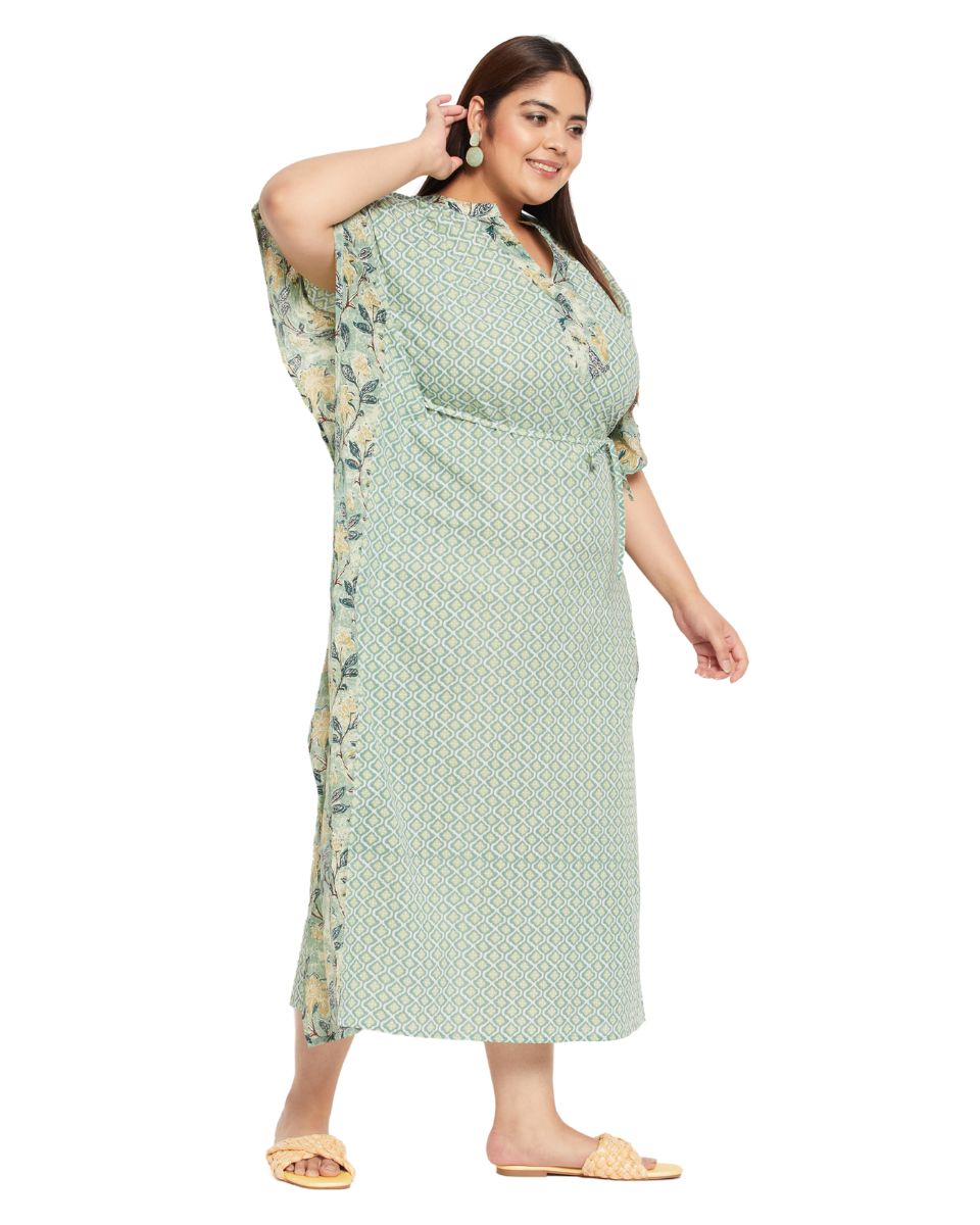 Floral Printed Moss Green Cotton Drawstring Kaftan For Plus Size Women