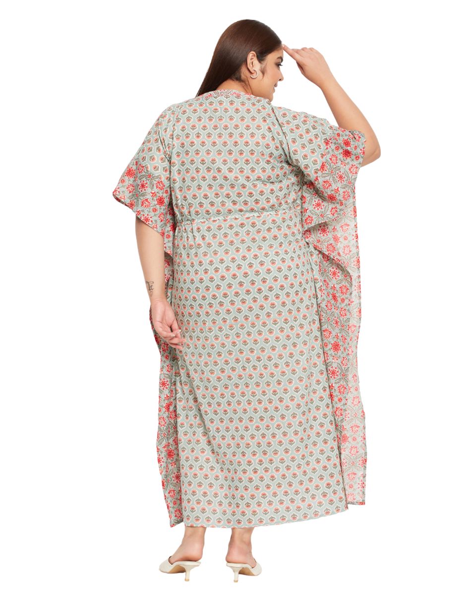 Floral Print PISTA Green Plus Size Cotton Drawstring Kaftan For Women