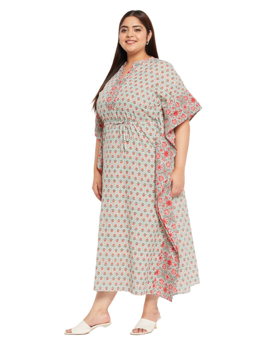 Floral Print PISTA Green Plus Size Cotton Drawstring Kaftan For Women