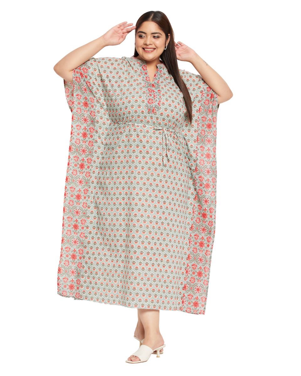 Floral Print PISTA Green Plus Size Cotton Drawstring Kaftan For Women