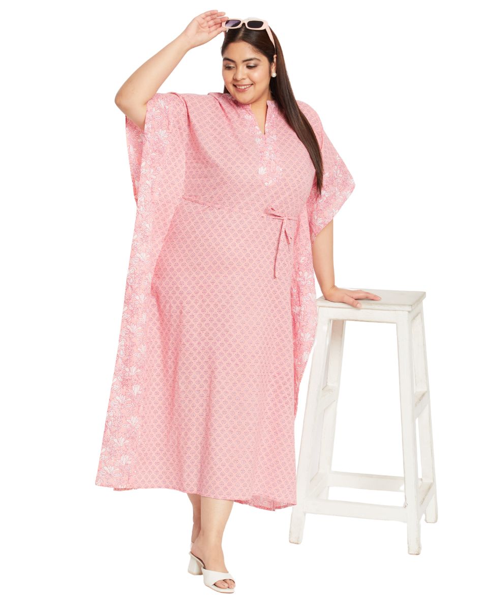 Floral Printed Pink Cotton Drawstring Kaftan Plus Size Dress For Women