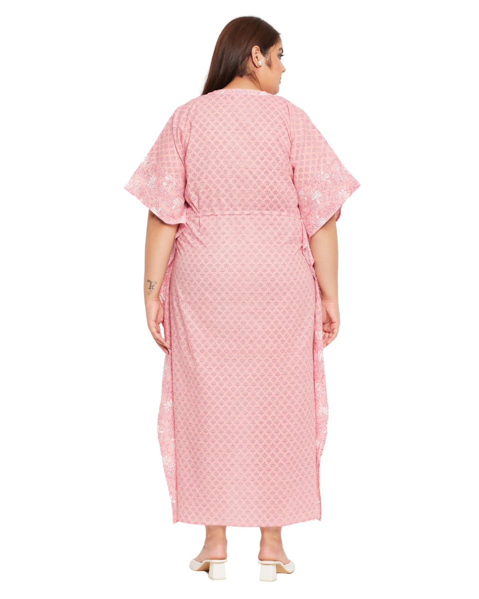 Floral Printed Pink Cotton Drawstring Kaftan Plus Size Dress For Women