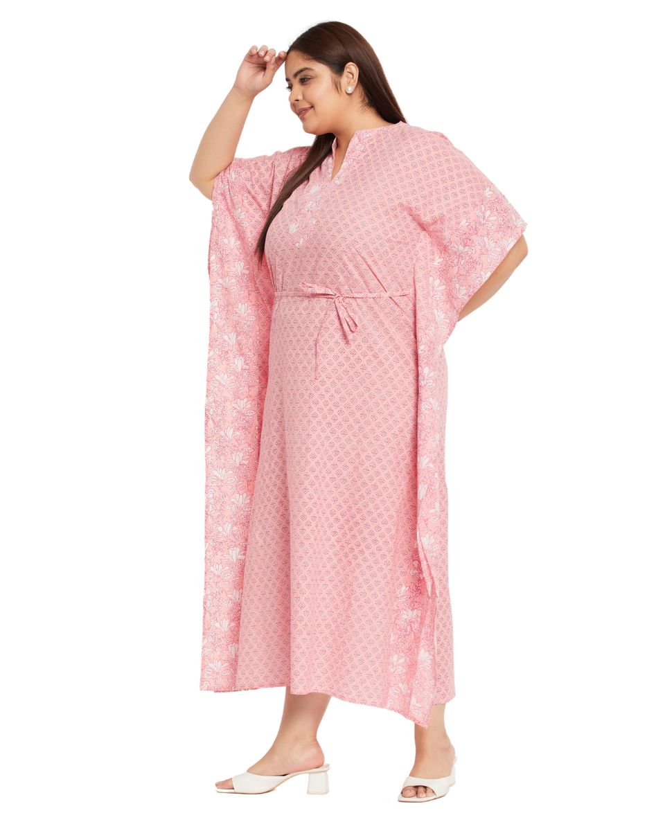 Floral Printed Pink Cotton Drawstring Kaftan Plus Size Dress For Women