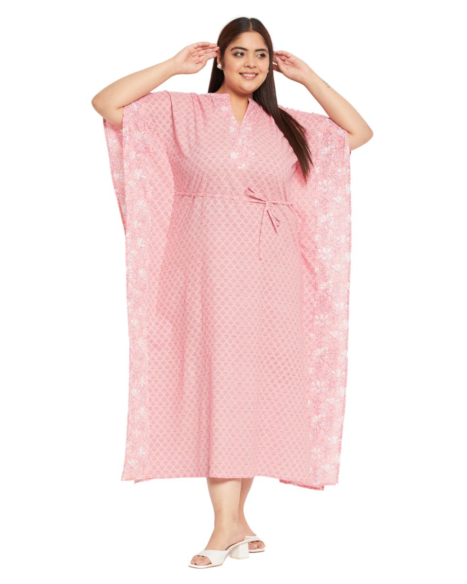 Floral Printed Pink Cotton Drawstring Kaftan Plus Size Dress For Women