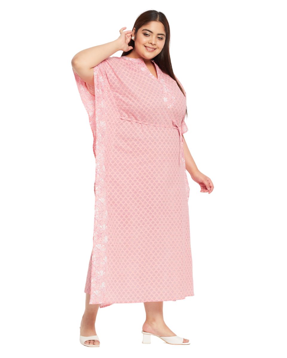 Floral Printed Pink Cotton Drawstring Kaftan Plus Size Dress For Women