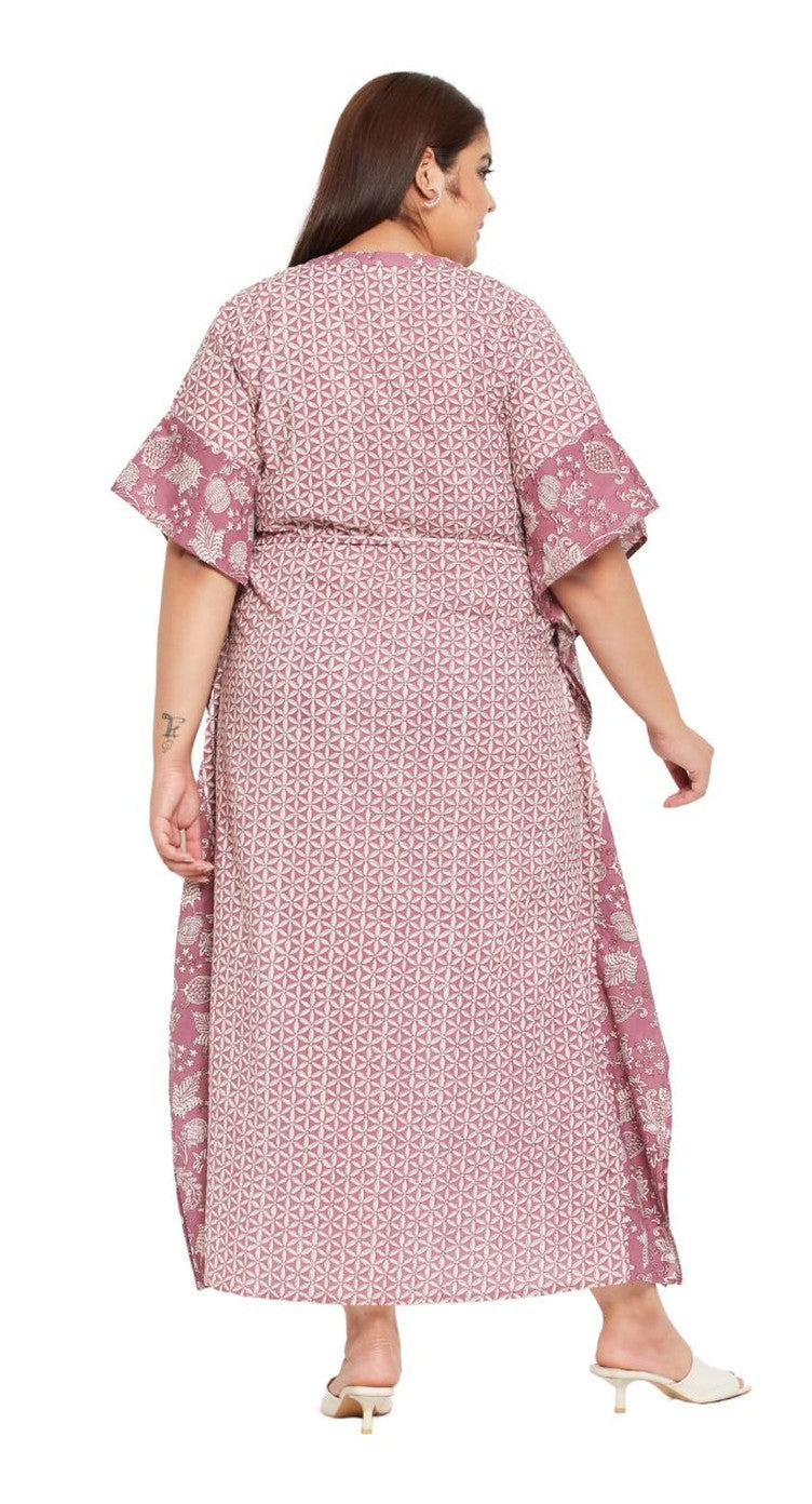 Floral Printed Rust Cotton Drawstring Kaftan Plus Size Dress For Women - SKU KFT-1115-RUST - Gypsie Blu