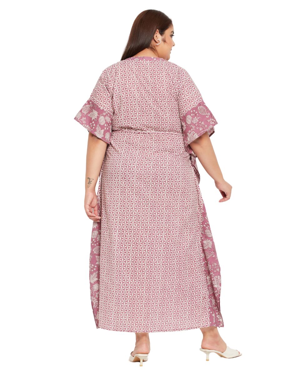 Floral Printed Rust Cotton Drawstring Kaftan Plus Size Dress For Women