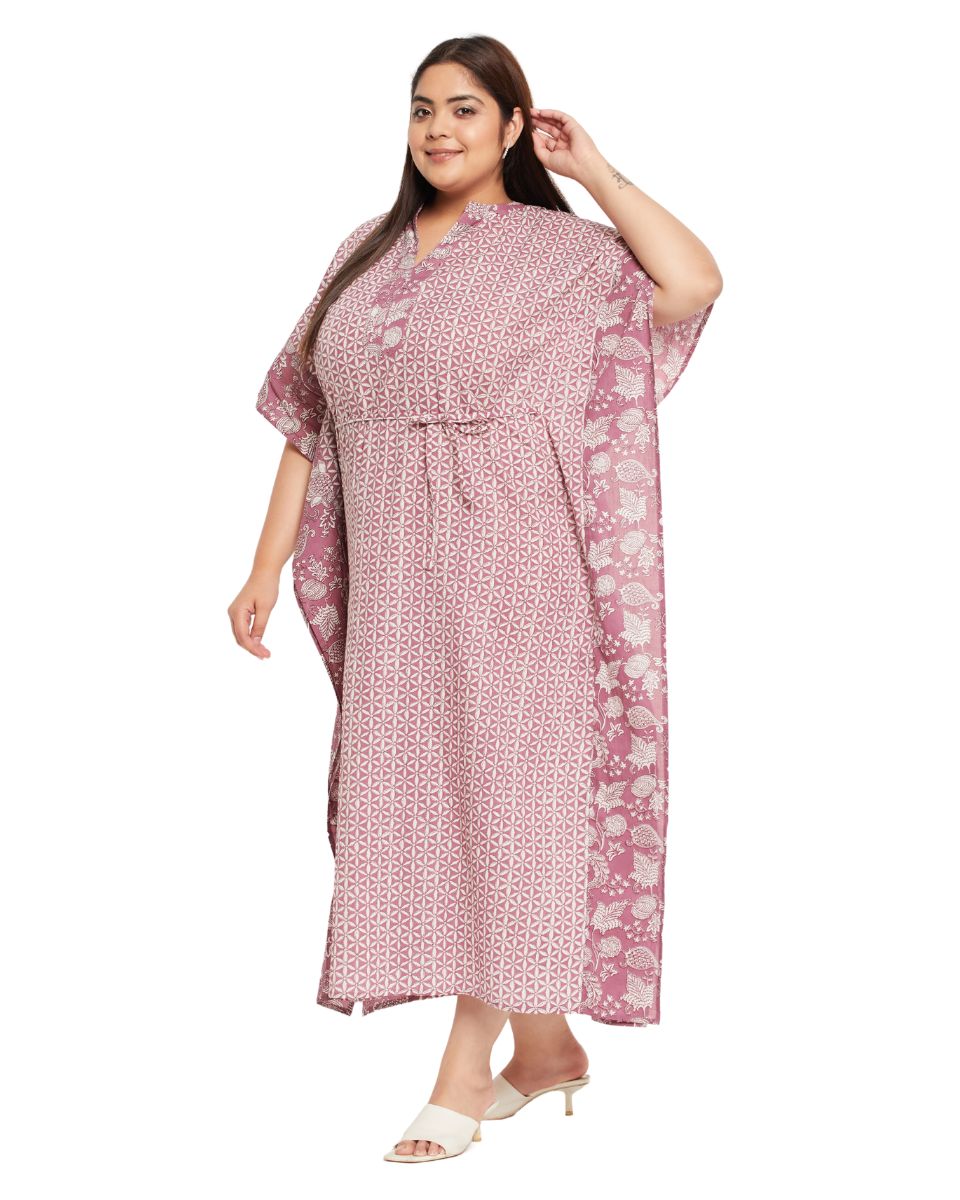 Floral Printed Rust Cotton Drawstring Kaftan Plus Size Dress For Women