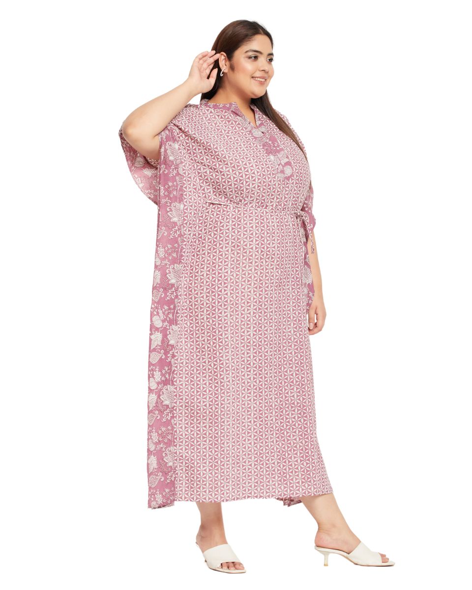 Floral Printed Rust Cotton Drawstring Kaftan Plus Size Dress For Women