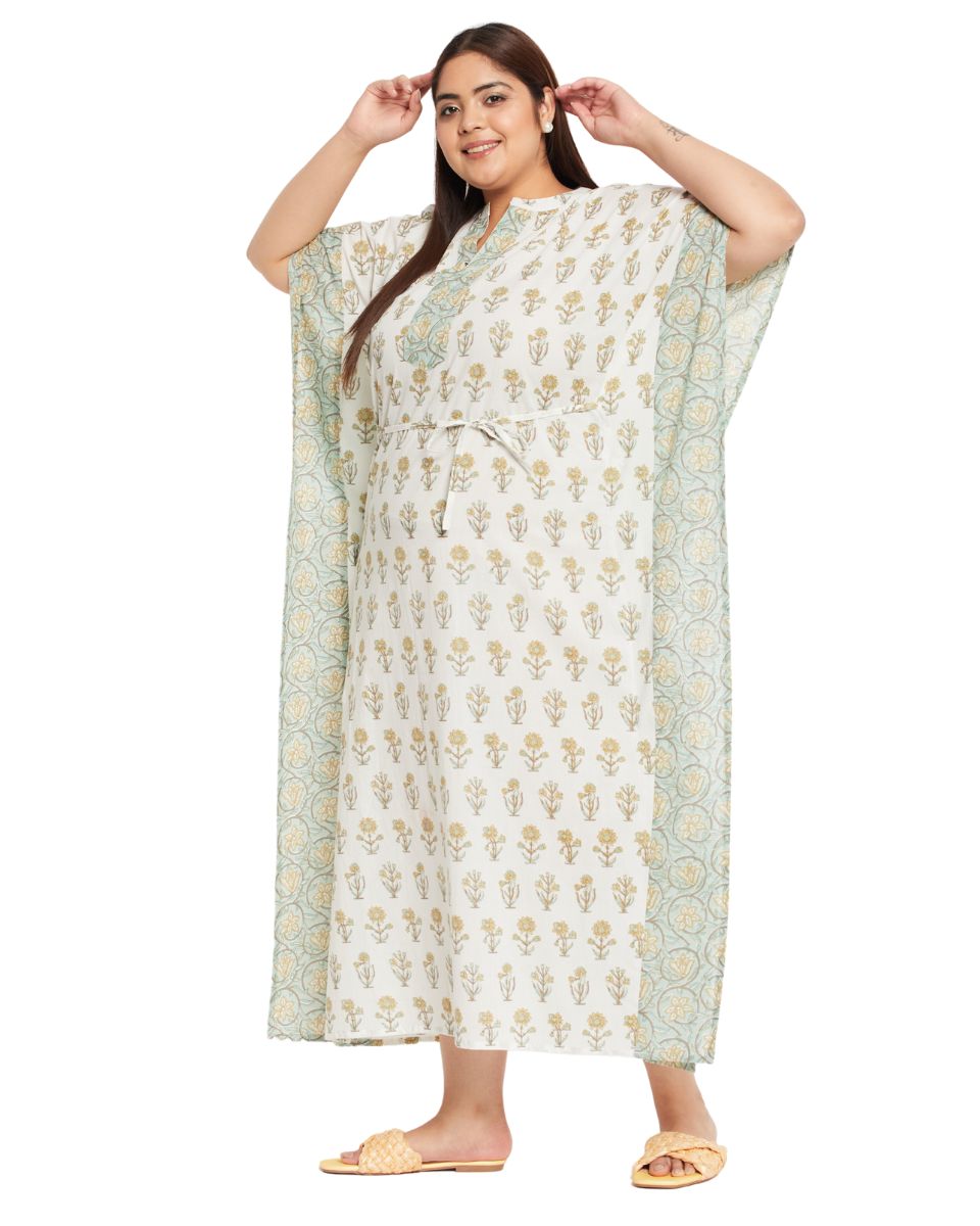 Floral Print WHITE Cotton Drawstring Kaftan Dress For Plus Size Women