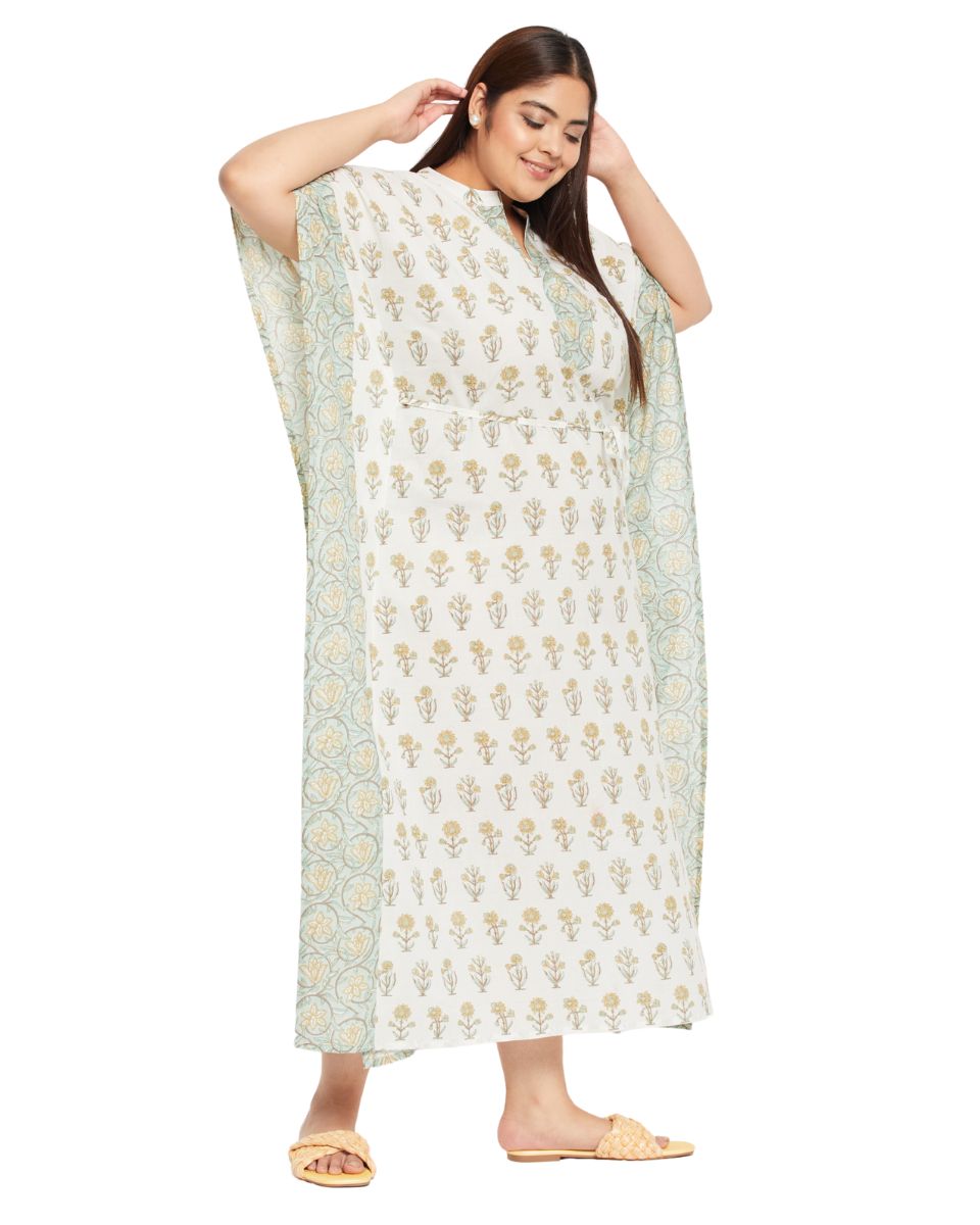 Floral Print WHITE Cotton Drawstring Kaftan Dress For Plus Size Women