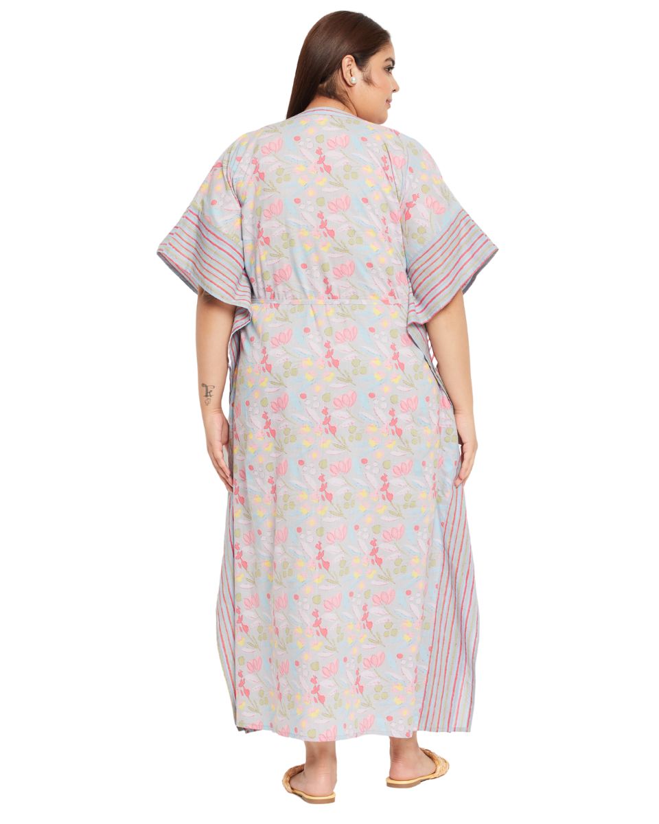 Floral Printed Gray Cotton Drawstring Plus Size Kaftan Dress For Women