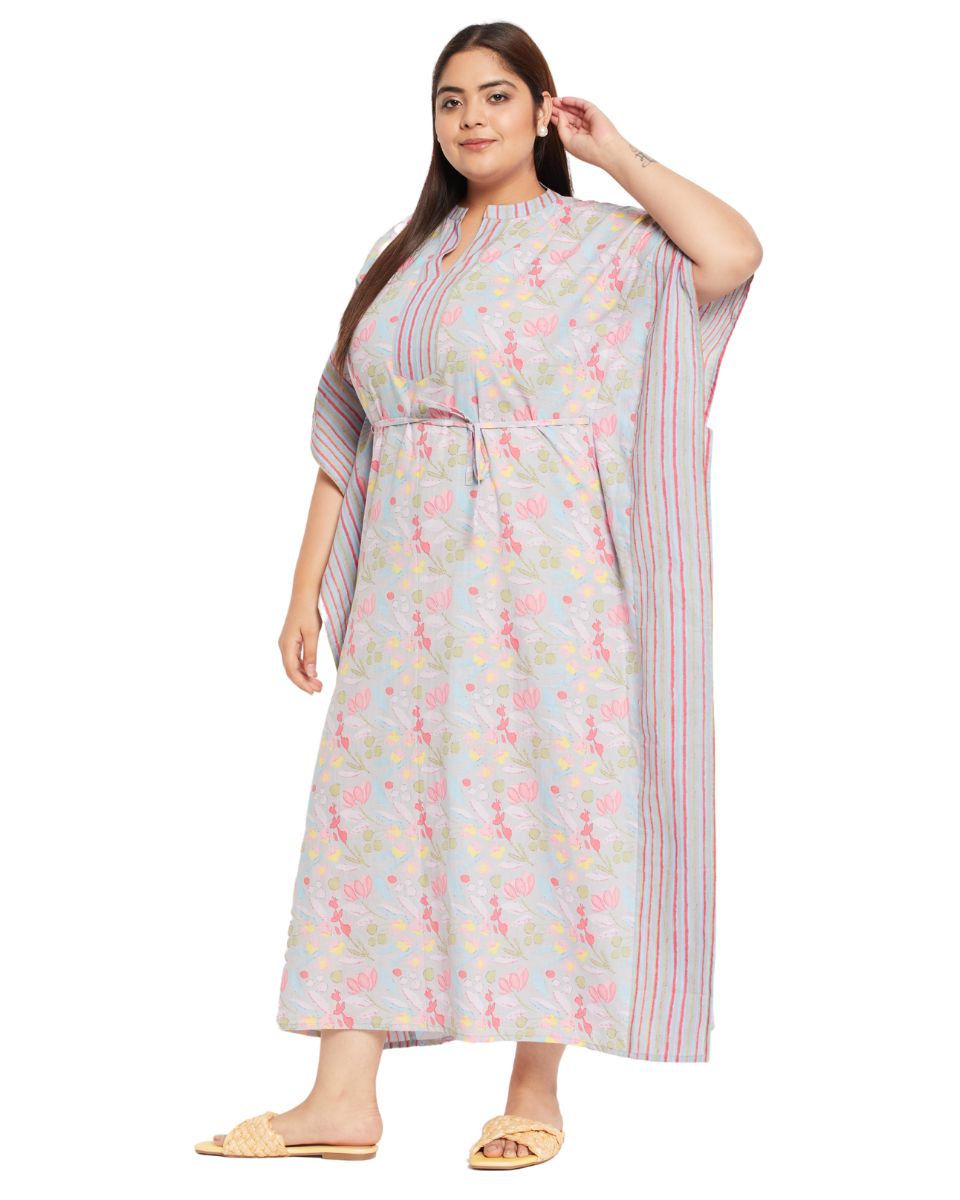 Floral Printed Gray Cotton Drawstring Plus Size Kaftan Dress For Women