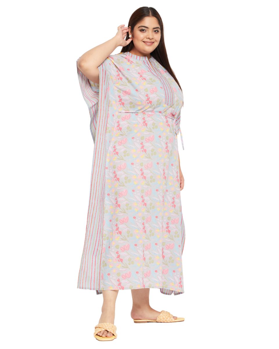 Floral Printed Gray Cotton Drawstring Plus Size Kaftan Dress For Women