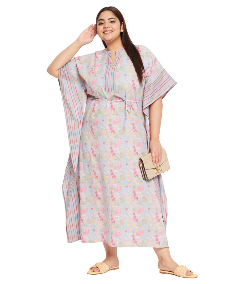 Floral Printed Gray Cotton Drawstring Plus Size Kaftan Dress For Women