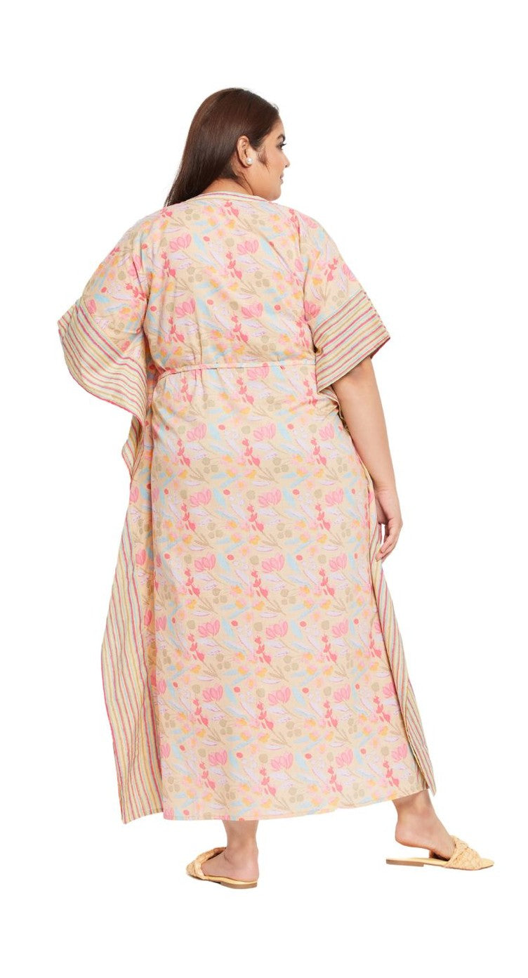 Floral YELLOW Cotton Drawstring Plus Size Elegant Evening Kaftan for Women - SKU KFT-1102-YLW - Gypsie Blu