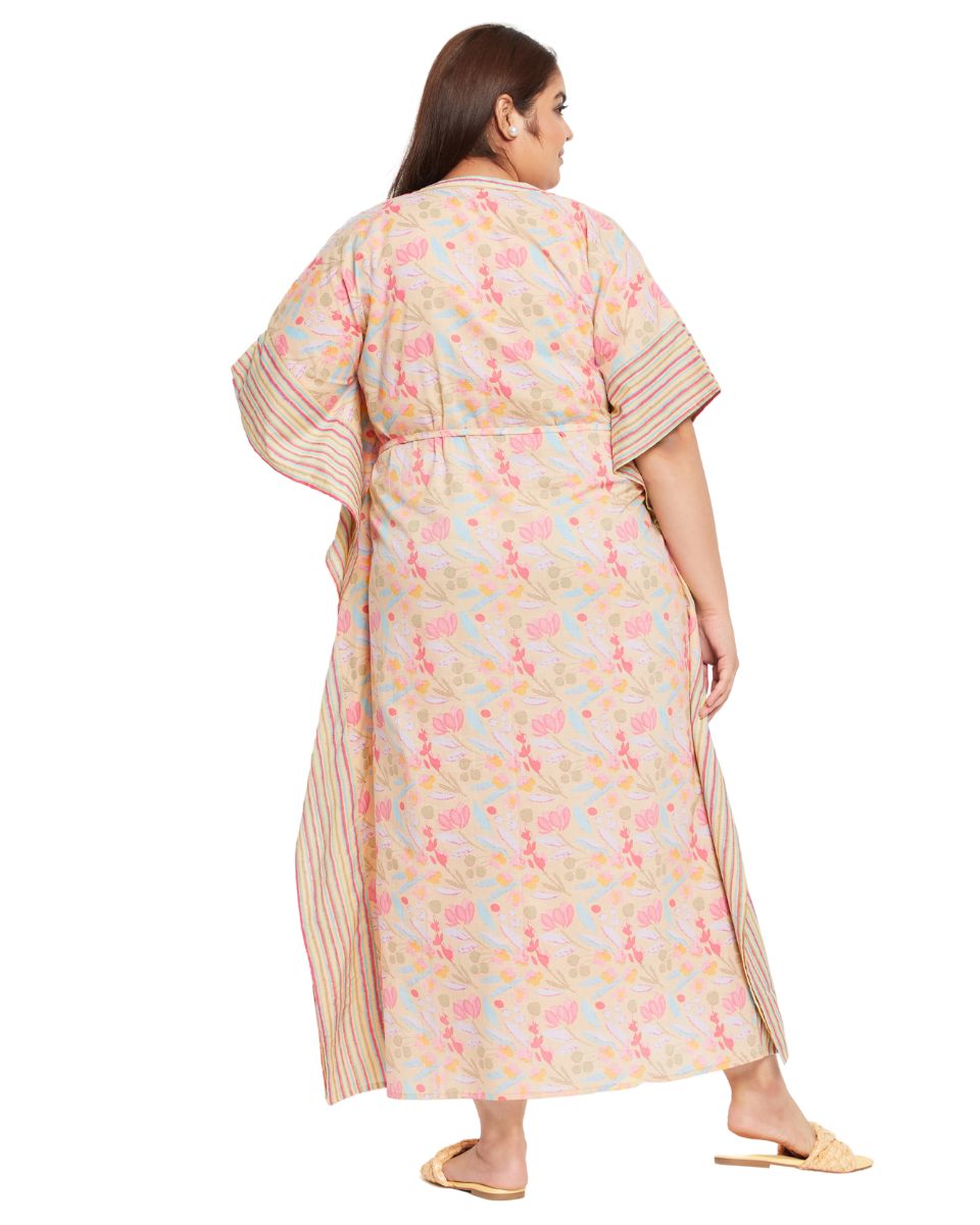 Floral Printed YELLOW Cotton Drawstring Plus Size Kaftan For Women