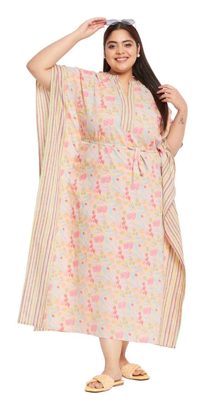 Floral YELLOW Cotton Drawstring Plus Size Elegant Evening Kaftan for Women - SKU KFT-1102-YLW - Gypsie Blu