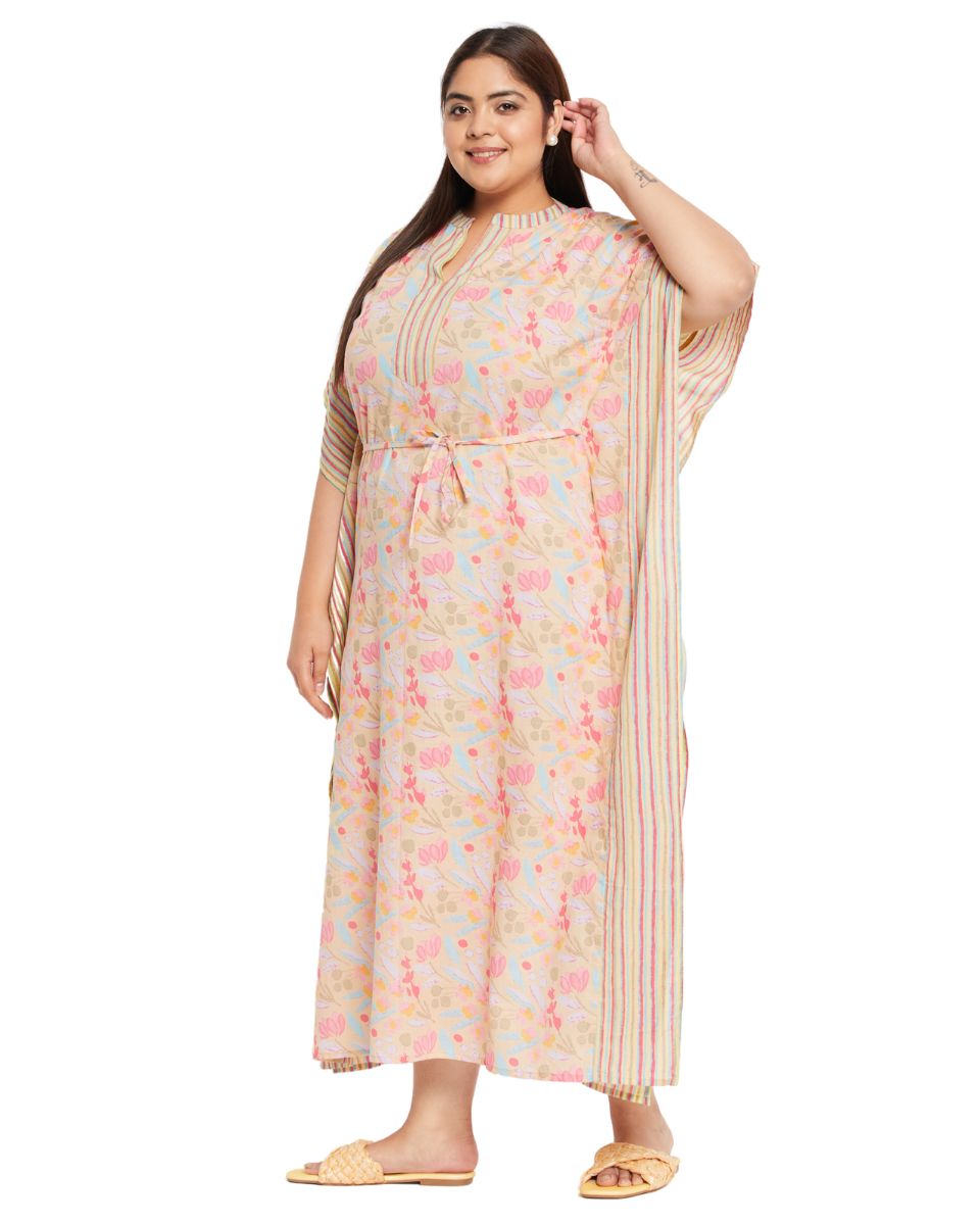 Floral Printed YELLOW Cotton Drawstring Plus Size Kaftan For Women