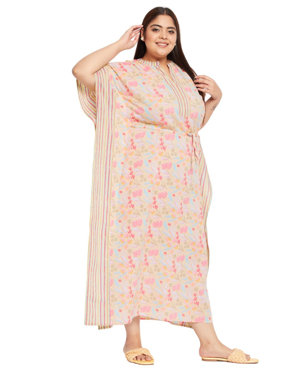 Floral Printed YELLOW Cotton Drawstring Plus Size Kaftan For Women