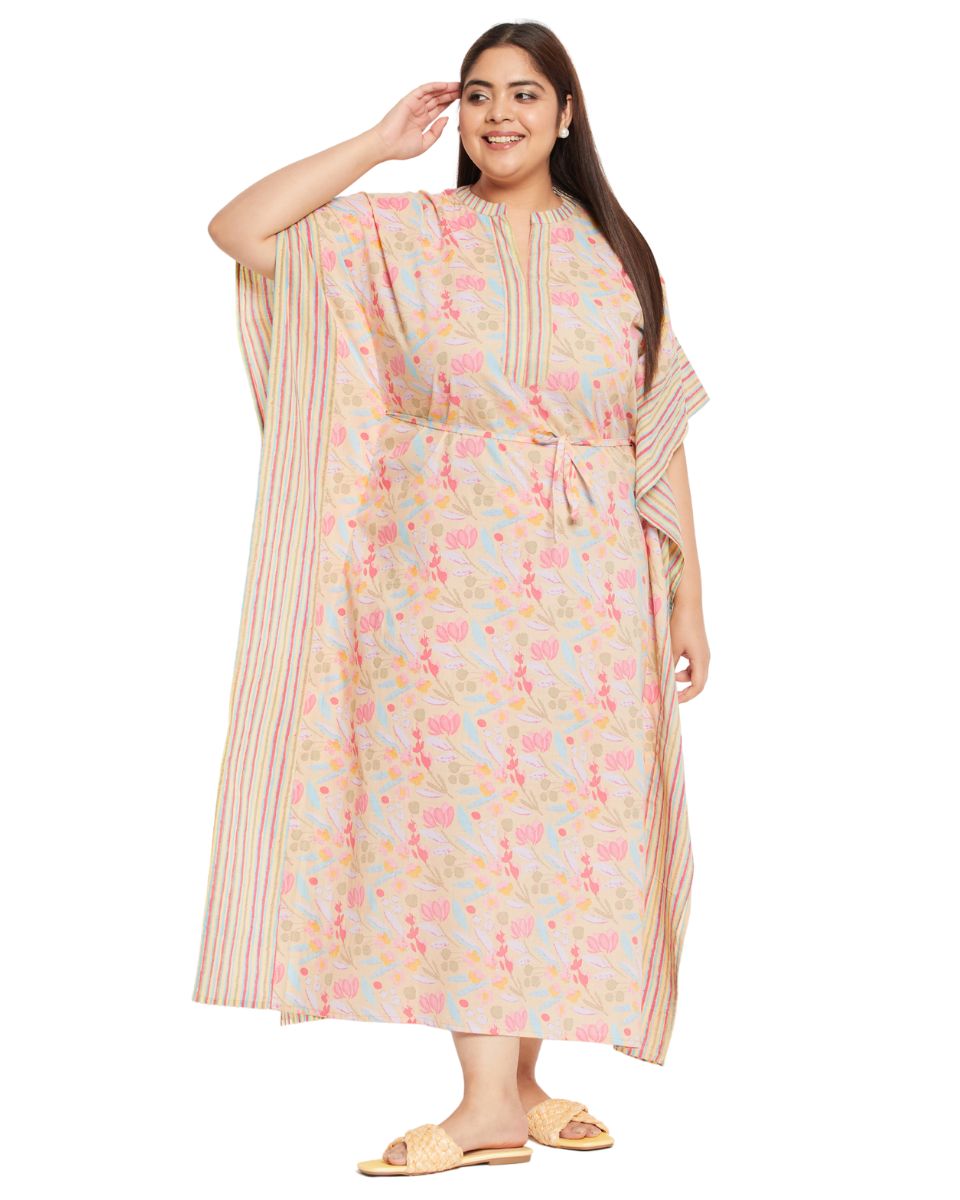 Floral Printed YELLOW Cotton Drawstring Plus Size Kaftan For Women