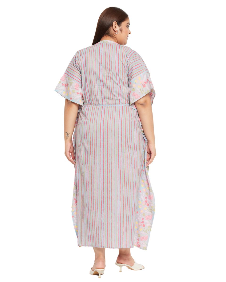 Floral And Striped Printed Gray Cotton Plus Size Kaftan For Women