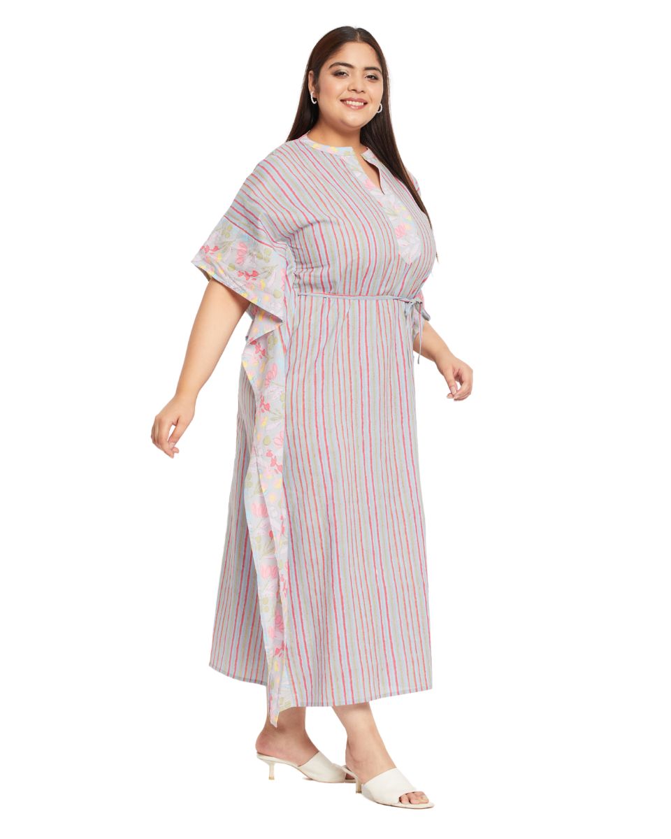 Floral And Striped Printed Gray Cotton Plus Size Kaftan For Women