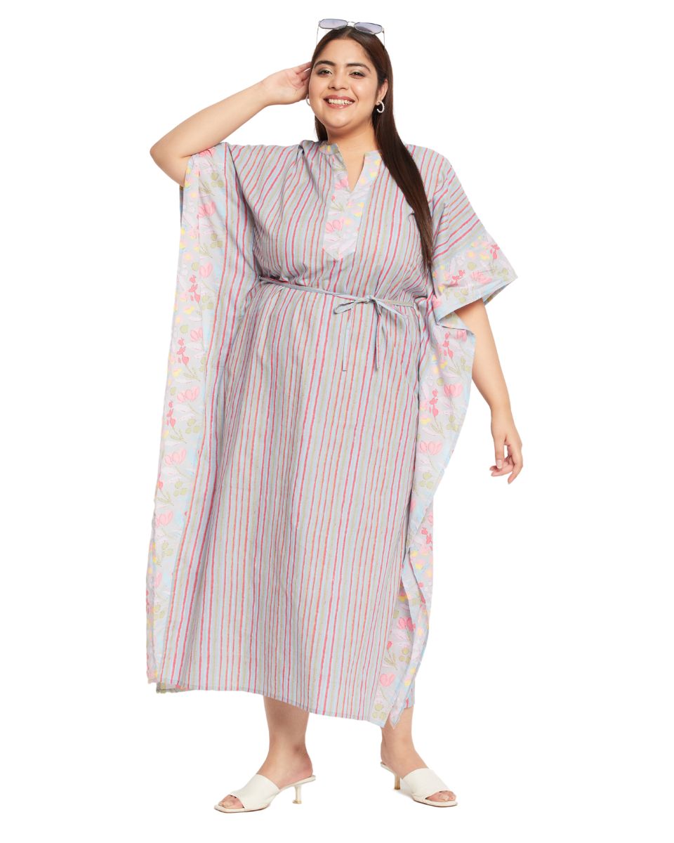 Floral And Striped Printed Gray Cotton Plus Size Kaftan For Women