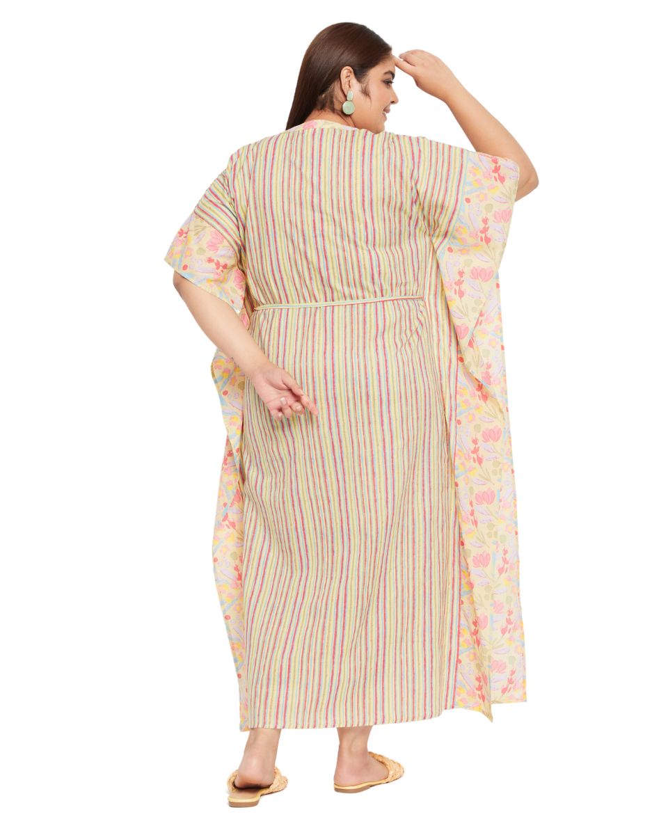 Floral Printed YELLOW Cotton Drawstring Plus Size Kaftan For Women